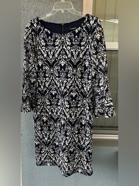 Liz Claiborne Damask Print Dress 3/4 Sleeve Sheath Career Church Stretch Size 14